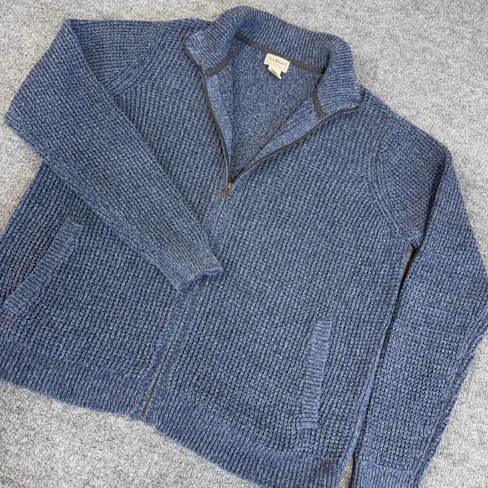LL Bean Sweater Jacket Men Large Blue Marled Organic Cotton Waffle Knit Full Zip